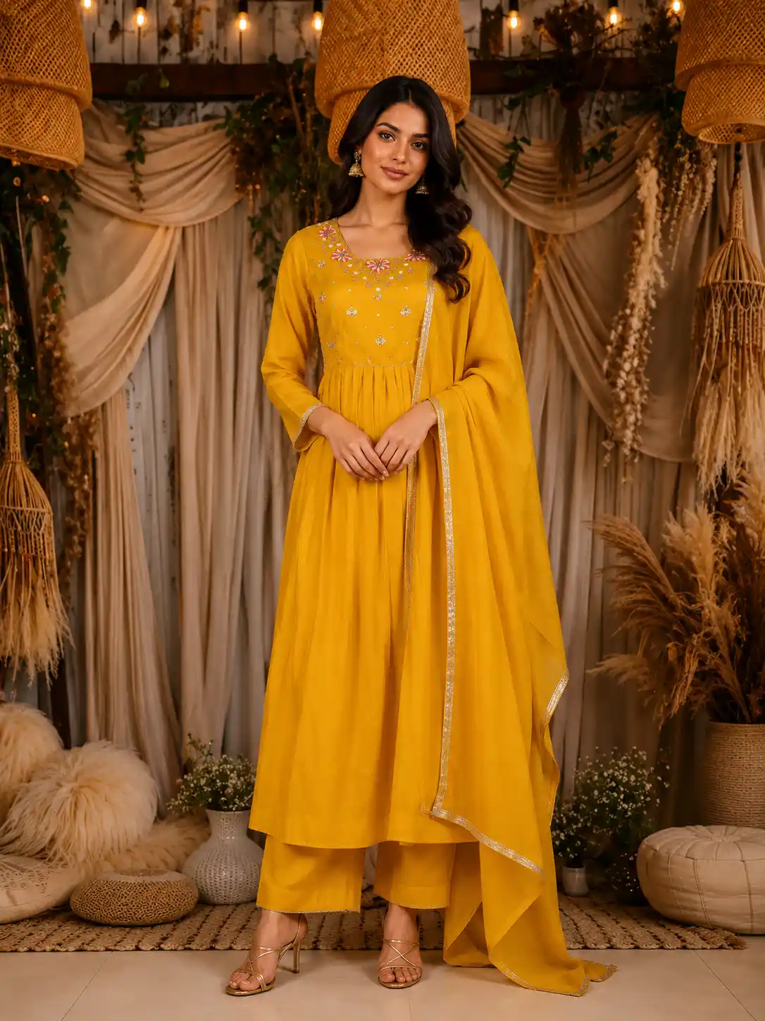 Mustard Yellow Thread and Sequin Embroidered Design Cotton Anarkali Salwar Suit